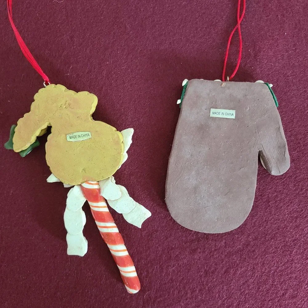 Vintage Mitten Gingerbread Cookie & Peppermint Stick Cookie Christmas Ornaments